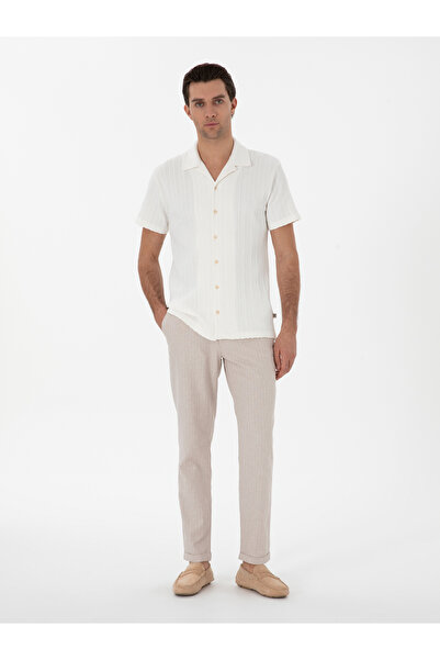 Cacharel Bej Carrot Fit Keten Karışımlı Çizgili Beli Lastikli Kanvas Pantolon 50298923-VR011