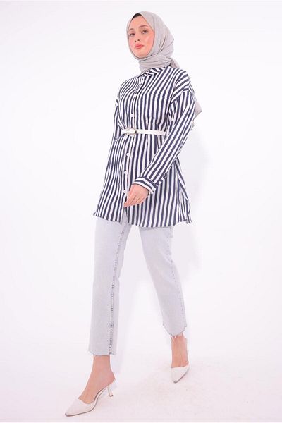 TRENDTESETTÜR Women's Navy Blue Belted Striped Shirt Tunic (t 5474)