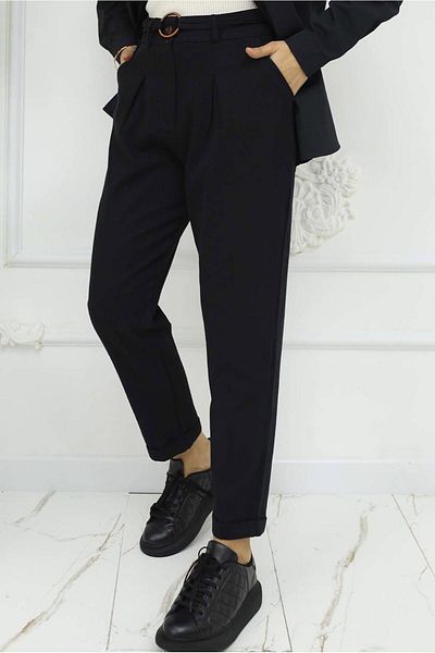 TRENDTESETTÜR Women's Black Belted Linen Pants t 0666