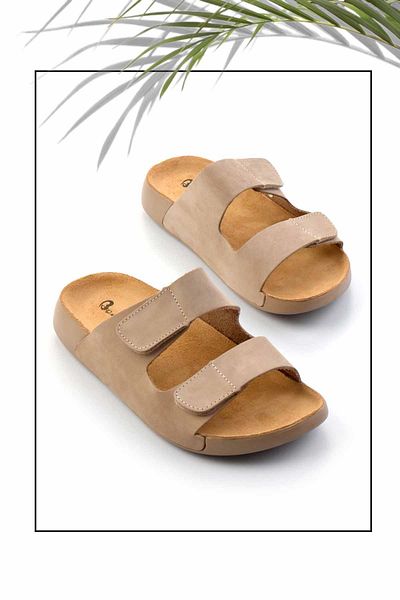 Bambi Beige Nubuck Genuine Leather Women's Slippers K 04819011101