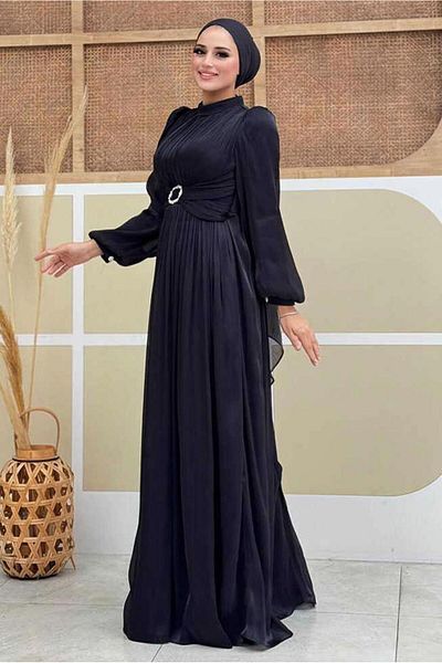 TRENDTESETTÜR ΓΥΝΑΙΚΕΙΟ ΜΑΥΡΟ ΒΡΑΔΙΝΟ ΦΟΡΕΜΑ ΜΕ ΜΠΑΛΟΝΙ ΜΑΝΙΚΙ T 3107