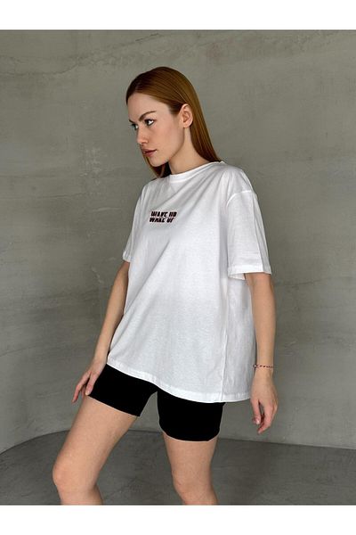 Cappmoda T-920 White Wake Up Written Injection Print T-Shirt με λαιμόκοψη