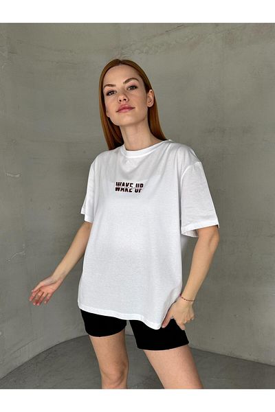 Cappmoda T-920 White Wake Up Written Injection Print T-Shirt με λαιμόκοψη