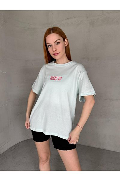 Cappmoda T-920 Water Green Wake Up Written Injection Print T-shirt με λαιμόκοψη