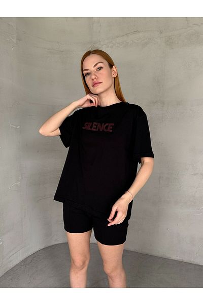 Cappmoda T-922 Tricou casual din bumbac cu text imprimat negru roșu Claret Silence