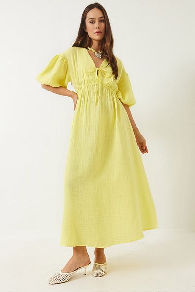 Bianco Lucci Damen-Midikleid aus Musselin mit V-Ausschnitt und elastischem Bund und Ballonärmeln 60283096