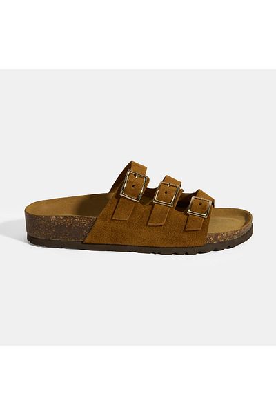 Desa Tan Women's Suede Slippers with Buckle Detail