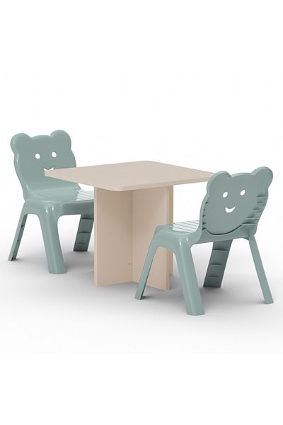 Mahmayi Modern Wooden Child Desk with 2 Plastic Chair - Sand Beige