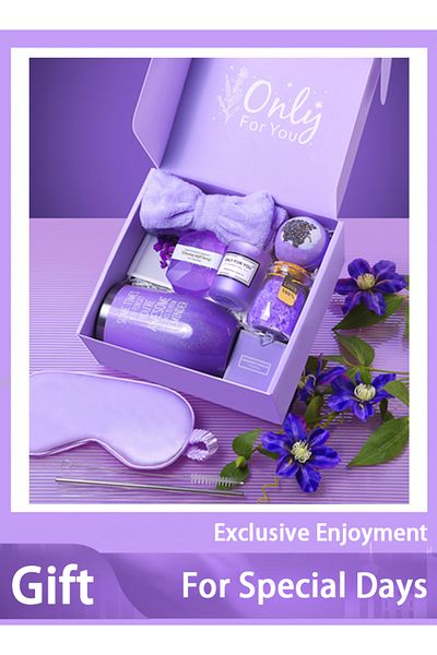 X SPRING سلة هدايا سبا فاخرة للأم والمعلمة - كوب أرجواني، ملح استحمام (هدية ذكرى سنوية لها)