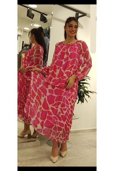 Cb Made In Italy 100% Italian Silk Fuchsia Patterned Loose Dress – One Size Oversize Dress (36-44 Size Compatible)