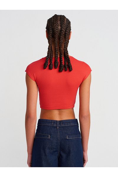 Dilvin 30528 Cotton and Modal Blended Crop Top-Red