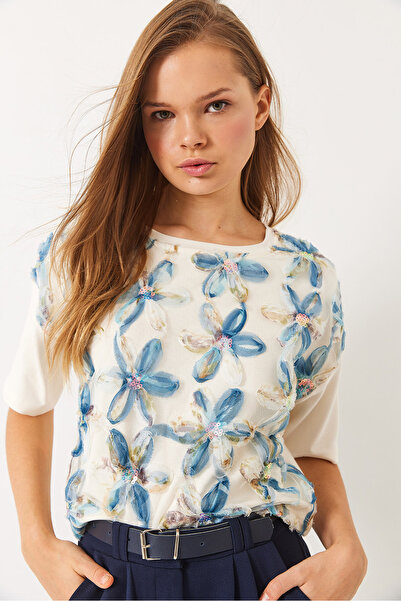 Bianco Lucci Γυναικείο μπλουζάκι με λαιμόκοψη από τούλι λουλουδάτο κοντομάνικο 60284022