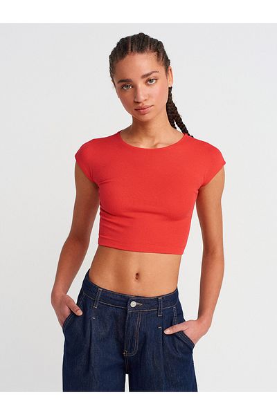 Dilvin 30528 Cotton and Modal Blended Crop Top-Red