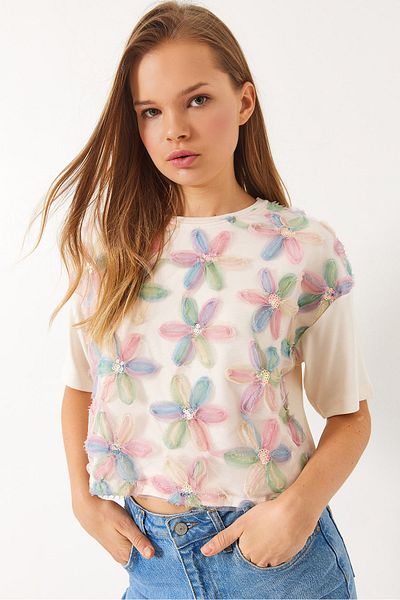 Bianco Lucci Damen-T-Shirt mit Rundhalsausschnitt, Tüll und Blumenmuster und kurzen Ärmeln 60284022