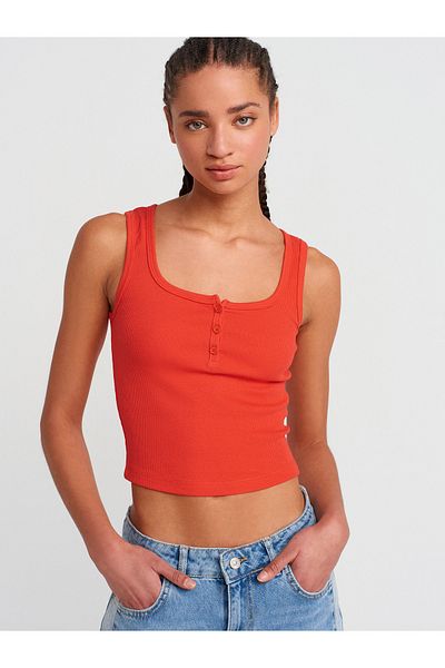Dilvin 20983 Buttoned Square Collar Top-Red
