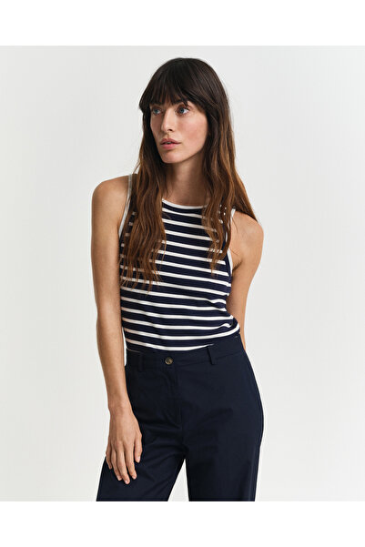 Gant Kadın Lacivert Regular Fit Bisiklet Yaka Çizgili T-Shirt