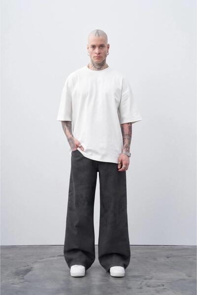 VAMOSCLO حذاء جينز فضفاض باللون الأسود مطبوع بالليزر باللون الرمادي