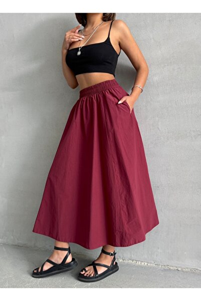 BEJNA Fusta evazată țesătă cu talie elastică de damă Bordeaux