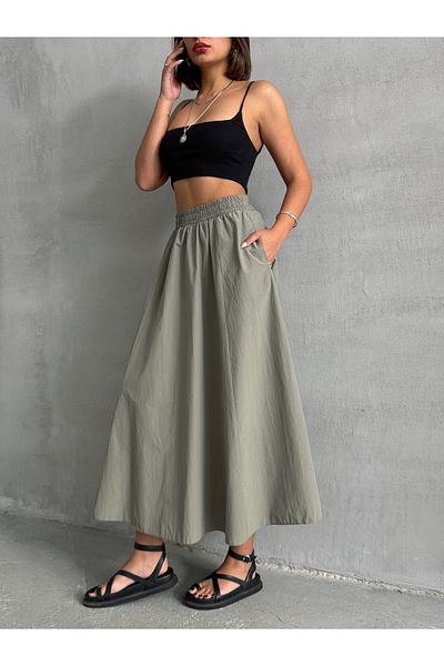 BEJNA Khakifarbener, gewebter, ausgestellter Rock mit elastischer Taille für Damen
