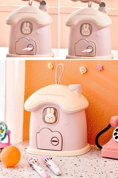 Piev Sevimli Anahtarlı Ev Baca Para Kumbarası, Renkli ve Şık Dekorasyon Parçası