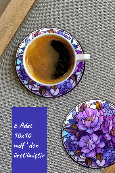 Home Purple Floral Stained Glass Patterned 6-Piece Mdf Coasters