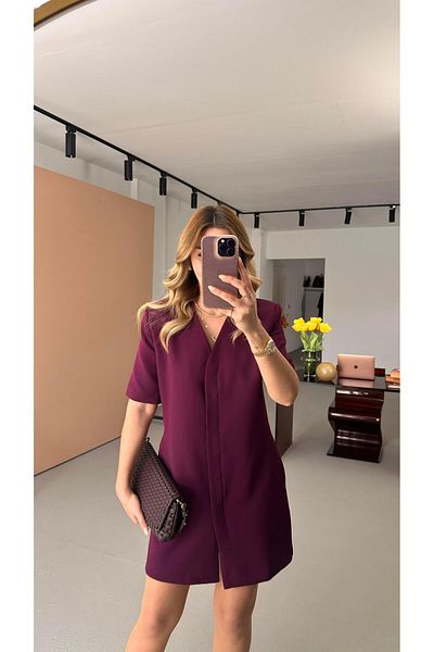 Sezgi Tekin Buttoned Short Sleeve Plum Dress