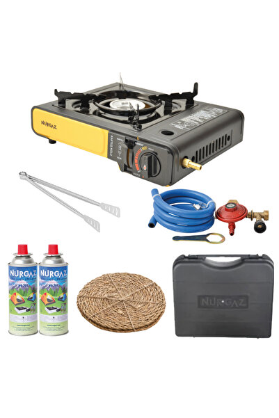 NURGAZ Özel Çantalı Portatif Kamp Ocağı + 2 Adet Kartuş + Tüp Dedantörü + Has...