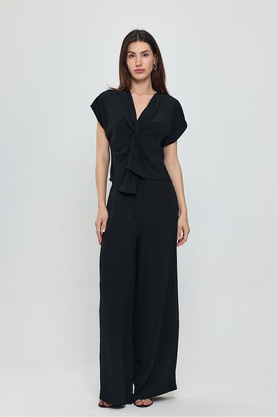 ONE8 V-Neck Gather Detailed Blouse-Wide Leg Pants Viscose Bottom/Top Set