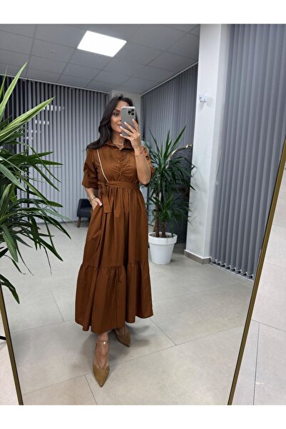 caddstore فستان دكتور 8288 بتصميم مخطط باللون البني والأبيض