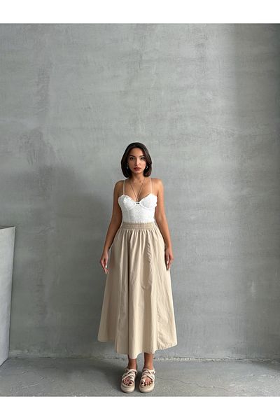 BEJNA Beigefarbener, gewebter, ausgestellter Rock mit elastischer Taille für Damen