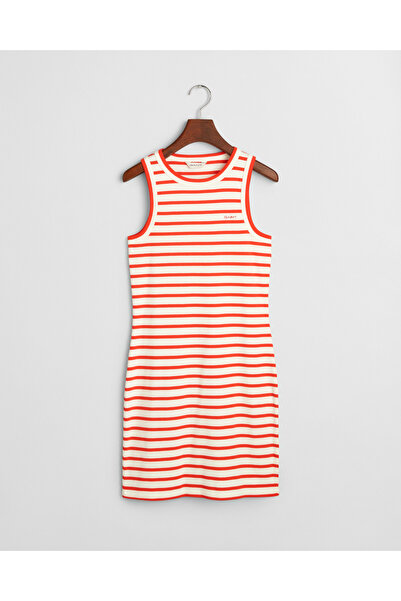 Gant Kadın Turuncu Slim Fit Bisiklet Yaka Çizgili Elbise