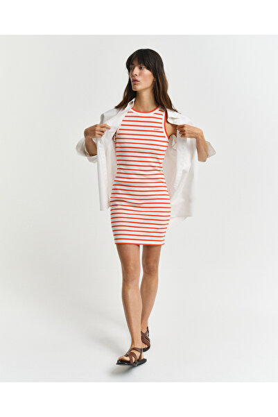 Gant Kadın Turuncu Slim Fit Bisiklet Yaka Çizgili Elbise