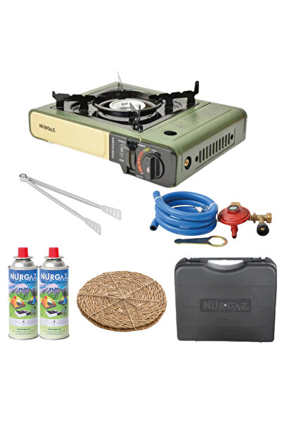 NURGAZ Özel Çantalı Portatif Kamp Ocağı + 2 Adet Kartuş + Tüp Dedantörü + Has...