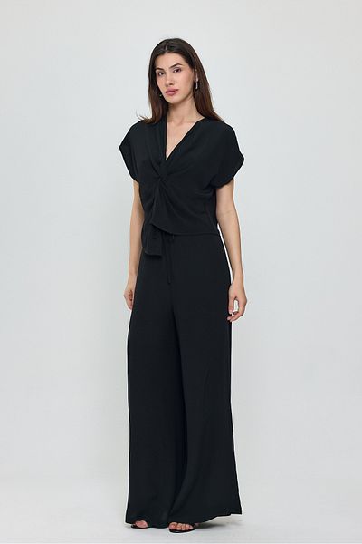 ONE8 V-Neck Gather Detailed Blouse-Wide Leg Pants Viscose Bottom/Top Set