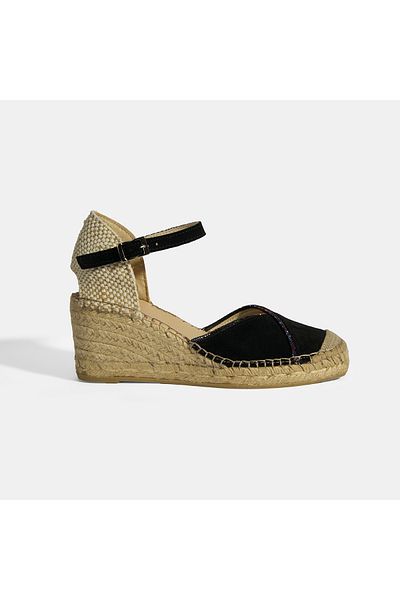 Desa Black Women's Buckle Accessory Stone Detailed Wedge Heeled Suede Espadrille