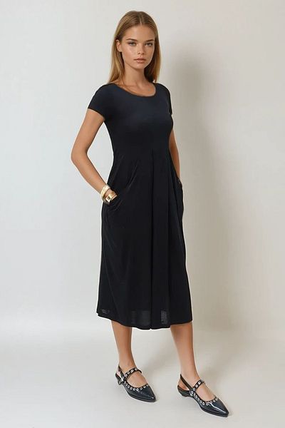 VAGGON Rochie neagră pentru femei, cu decolteu, cu buzunar dublu, Prmx11849