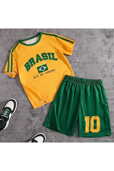 LUNAVISTA Boys 2-Piece Casual Quick Dry Mesh Letter Print T-Shirt and Number "10" Shorts