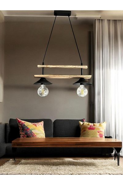 ONUR AVİZE Retro Rustic Walnut and Wood Detailed 2-piece Chandelier Set