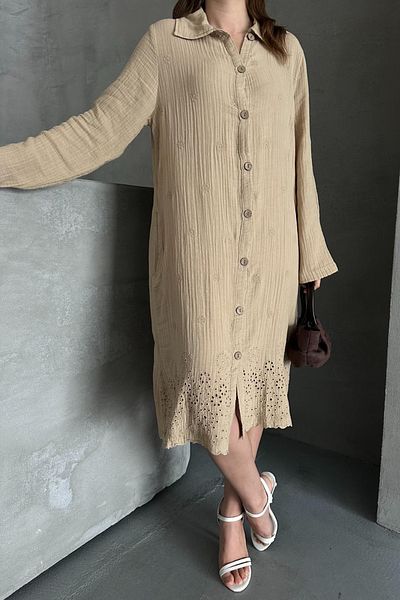 AYASOFYA OTANTIK Rochie tunică din muselină din bumbac 100% cu mânecă lungă, cu guler de cămașă, cu dantelă brodată