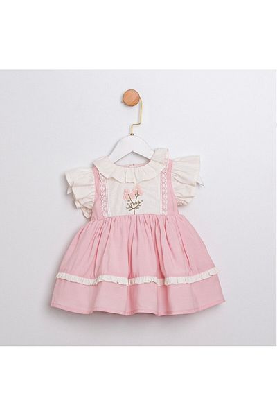 PİTABABY Amy - Embroidered Pink and White Baby Girl Dress with Flounce Sleeves