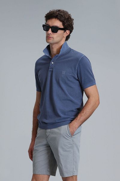 Lufian Men's Polo Collar Light Navy Blue Cotton T-Shirt - Short Sleeve111040163