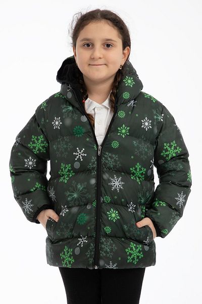 Montland Sports Girl's Coat - Black Green Digital Pattern, Hooded Winter