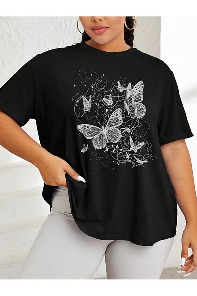 JANSO GROUP Women's Plus Size Butterfly Printed Short Sleeve Tshir Oversize Cotton Fabric