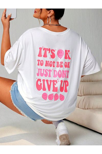JANSO GROUP - Women's Large Size Its Ok Printed Short Sleeve Tshir Oversize Cotton Fabric