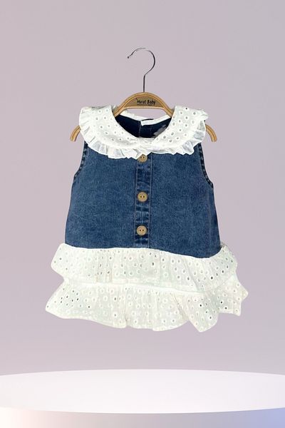 Baby s Breath Flower Baby Girl Dress with Lace Collar Pleated Denim Vest 6-9-12-18 Months Baby Girl Outfits