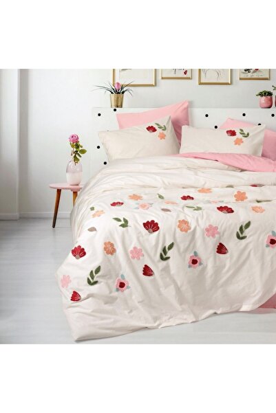 Cotton Box Lenjerie de pat dublu cu broderie florala, Cotton Box, Blossom Salmon