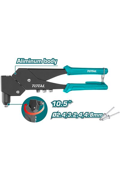TOTAL 10.5" Swivel Head Hand Riveter with Aluminium Body, Fits 2.4mm, 3.2mm, 4.0mm, 4.8mm Rivets
