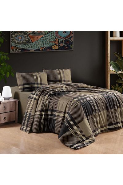 First Choice Flannel bedding with geometric pattern double bed, Veldor Brown