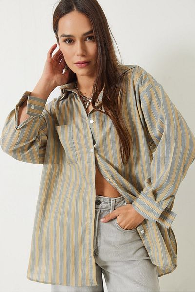 Bianco Lucci Cămașă oversize cu dungi cu un singur buzunar pentru femei 8368 60283103
