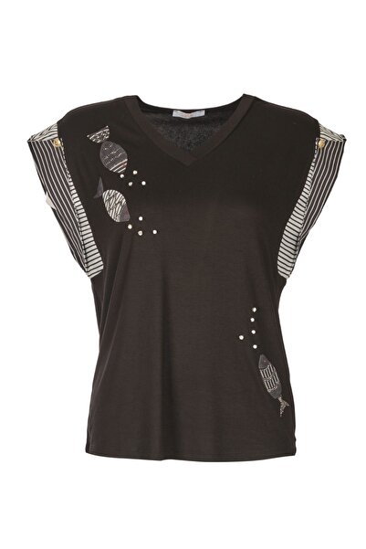 Vedi Μινιμαλιστικό γυναικείο μπλουζάκι με λαιμόκοψη σε σχήμα V - Μοτίβο ψαριού - Κοντό μανίκι